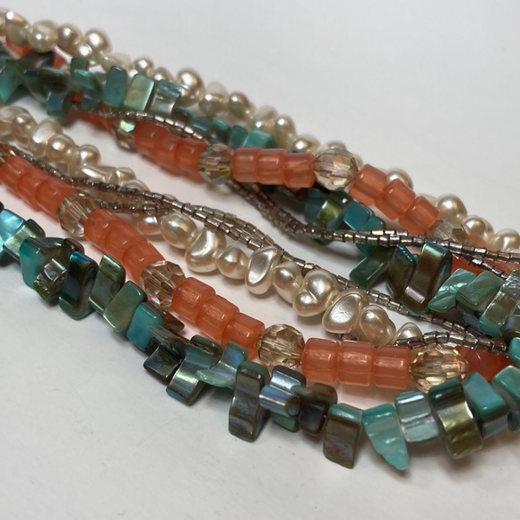 Multi Strand Blue Green Chunk Peach Imitation Pearl Necklace 23" - Picture 8 of 16